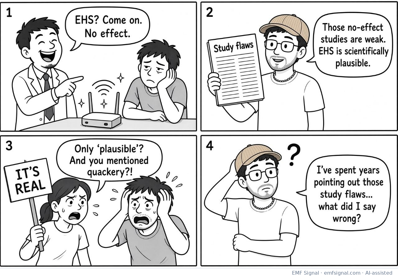 Four-panel comic: a scientist dismisses EHS, a critic says the no-effect studies are weak and EHS is plausible, EHS advocates protest that 'plausible' is too weak, and the critic is left confused between both camps.