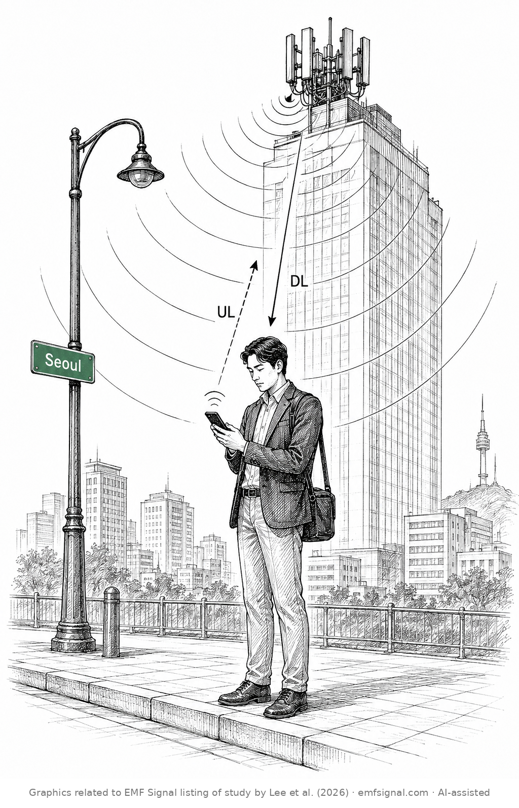 En studie av Lee et al. (IEEE Access, 2026) målte reell 3G/4G/5G-eksponering i urbane og rurale områder av Sør-Korea. Både nedlink-felt fra basestasjoner og eksponering fra telefoner (opplink) ble målt, og brukt til å beregne hjerne-SAR (spesifikk absorpsjonsrate). I de fleste scenarier oversteg nedlink fra basestasjonen opplink fra håndsettet. Illustrasjon: EMF Signal, AI-assistert, forsøker ikke å være en vitenskapelig nøyaktig fremstilling av studien.