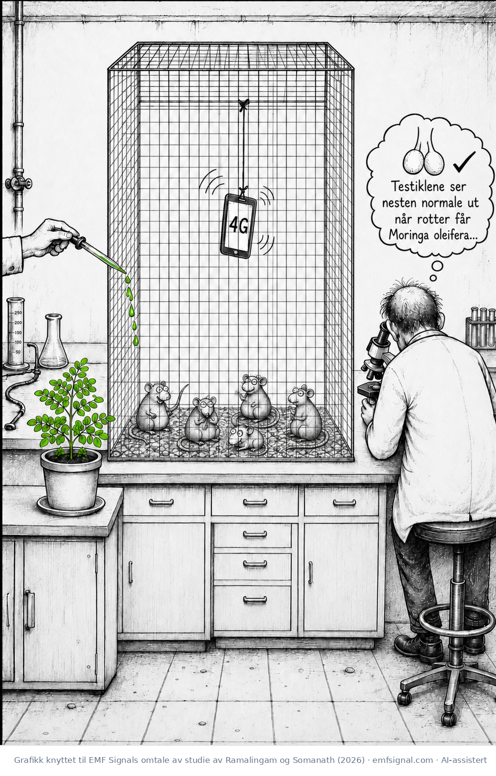 En liten studie av Ramalingam og Somanath (2026) undersøkte effekten av realistisk 4G-eksponering på rottetestikler, samt den beskyttende effekten av Moringa-blader. Illustrasjon: EMF Signal, AI-assistert, forsøker ikke å være en vitenskapelig nøyaktig fremstilling av studien.