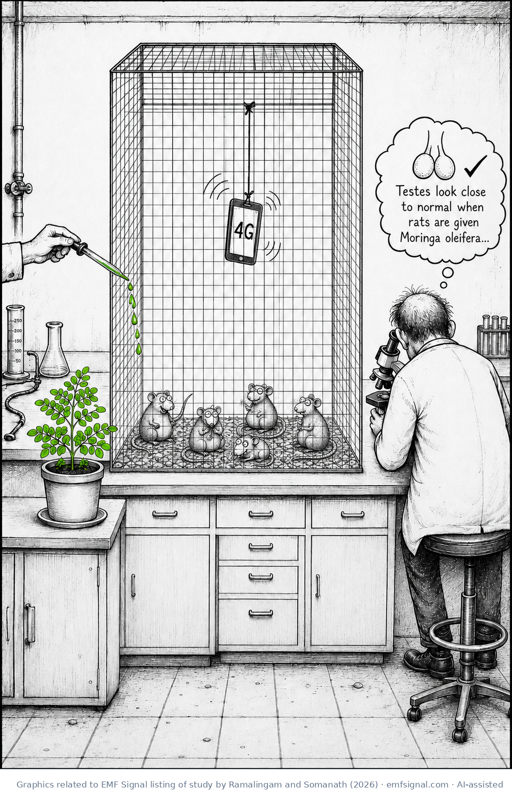 A small study by Ramalingam and Somanath (2026) investigated the effect of realistic 4G exposure in rat testicles, as well as the protective effect of Moringa leaves. Illustration: EMF Signal, AI assisted, not attempting to be a scientifically accurate representation of the study.